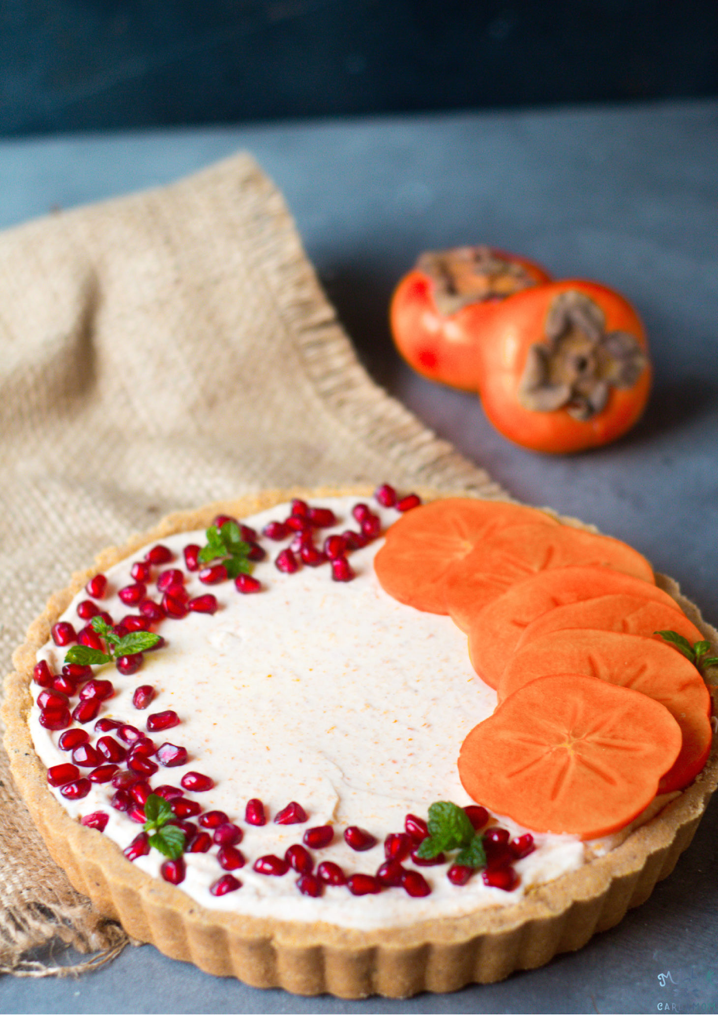 Persimmon Cheesecake Tart with Shortbread Crust Milk & Cardamom