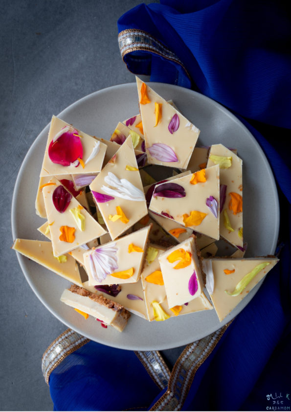 Caramelized White Chocolate and Peda Bark Diwali Dessert | Milk and Cardamom