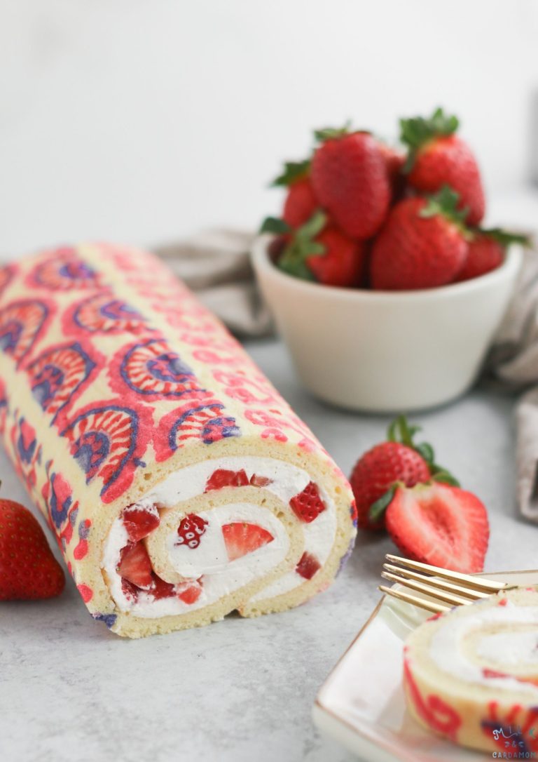Strawberries and Cream Swiss Roll Recipe Indian | Milk and Cardamom