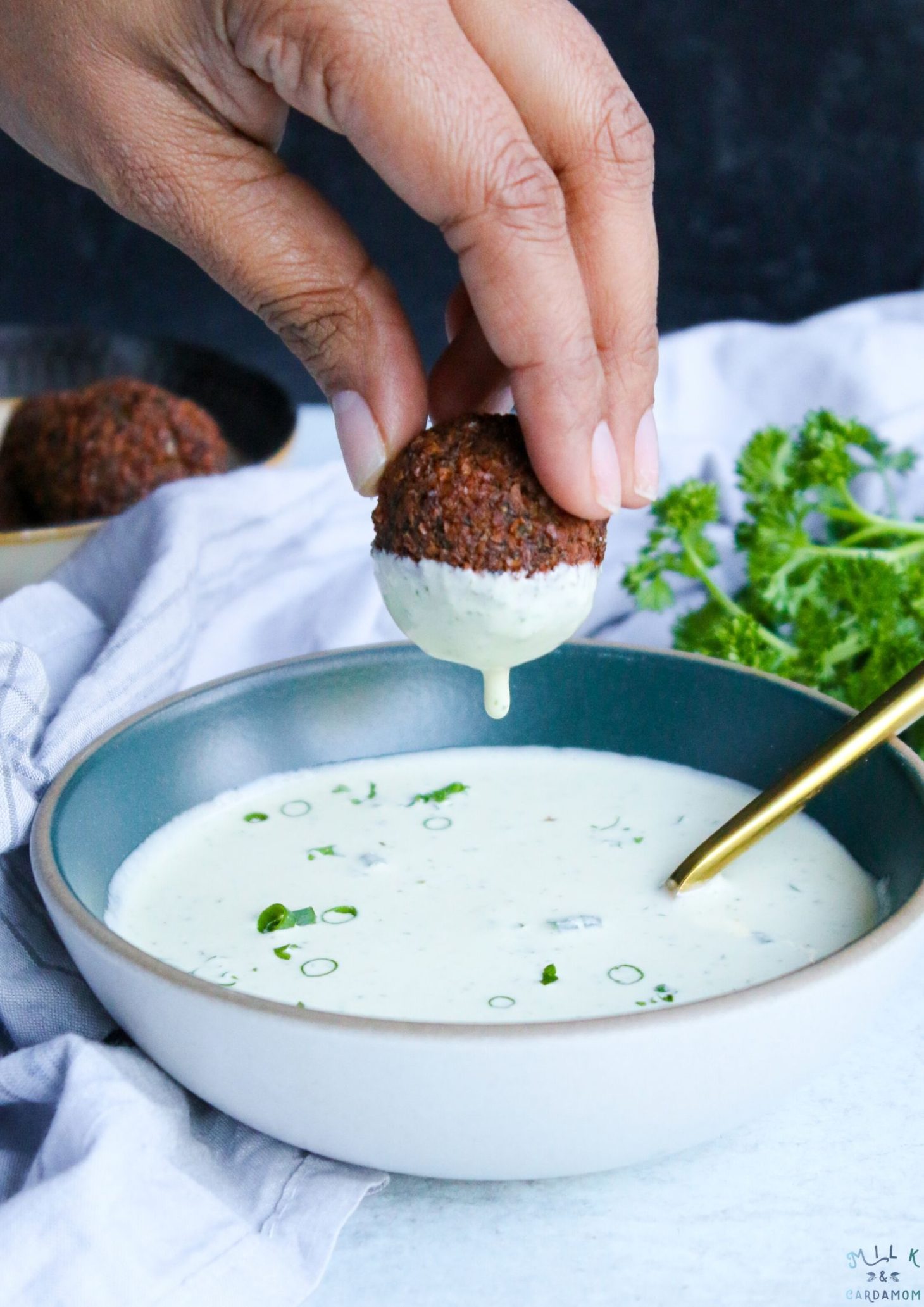 Falafel with Spicy Herb Tahini Sauce Milk & Cardamom